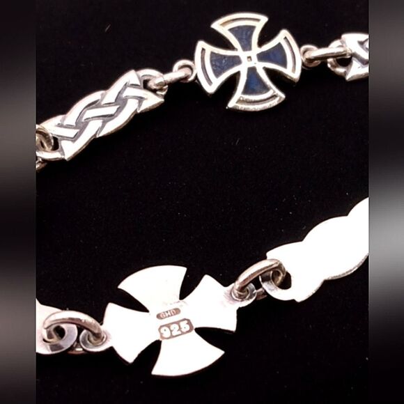 Sterling Silver 925 Maltese Cross  Blue Enamel Bracelet Vintage - Picture 10 of 14